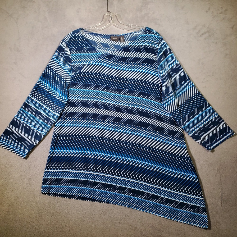 Chicos Travelers Top Womens L/2 Blue Geo Stripe Asymetrical‎ Hem Stretch Comfort - Picture 2 of 9